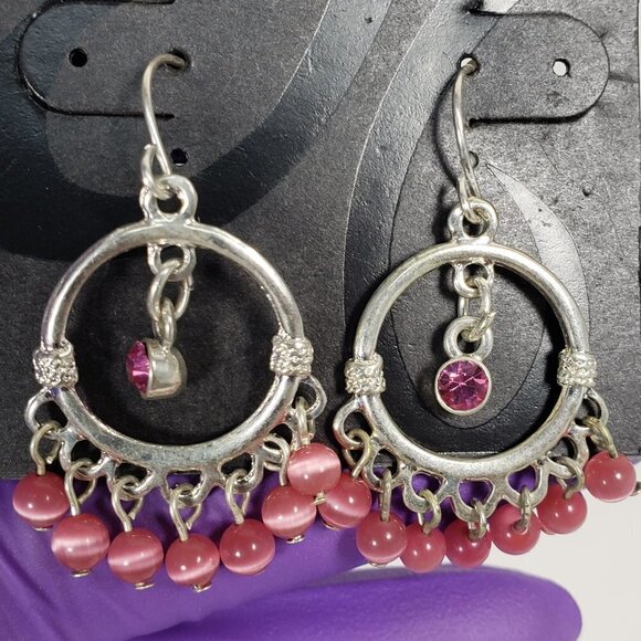 2/$30 Silver tone Pink Dangling Beads & sparkling Crystal Drop Earrings Jewelry - Picture 5 of 7